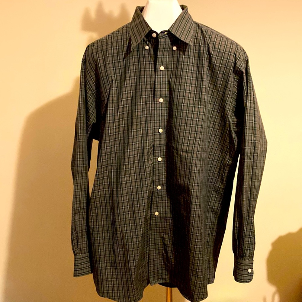 Jos. A. Bank Traveler’s Collection cotton shirt, green/red/navy plaid, Sz L